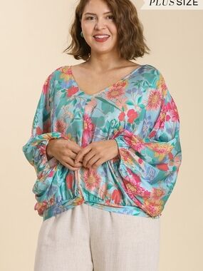 Umgee Aqua Multi Floral V-Neck Balloon Sleeve Blouse